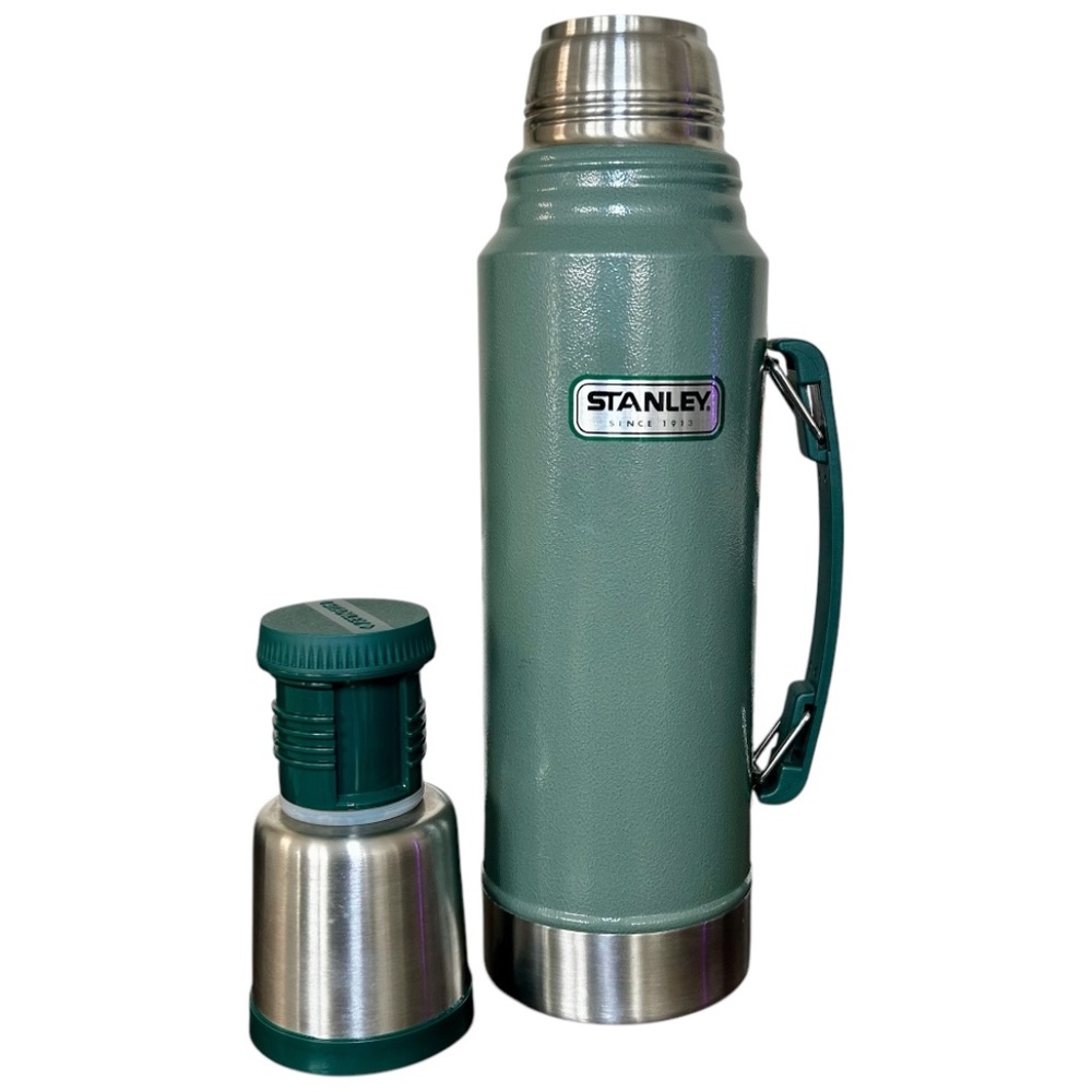 Vintage Large Green Stanley Thermos Vacuum Bottle Screw on Cap/Cup EUC